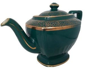 Vintage Hall Teapot 6 Cup Turquoise Green Golden 0120 Collectible Ceramic USA